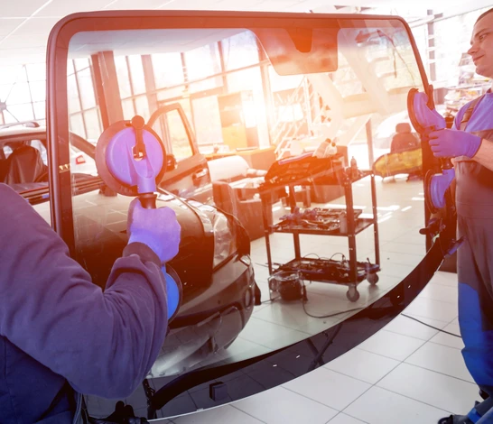 Atelier de carrosserie automobile avec techniciens en combinaisons bleues effectuant des réparations