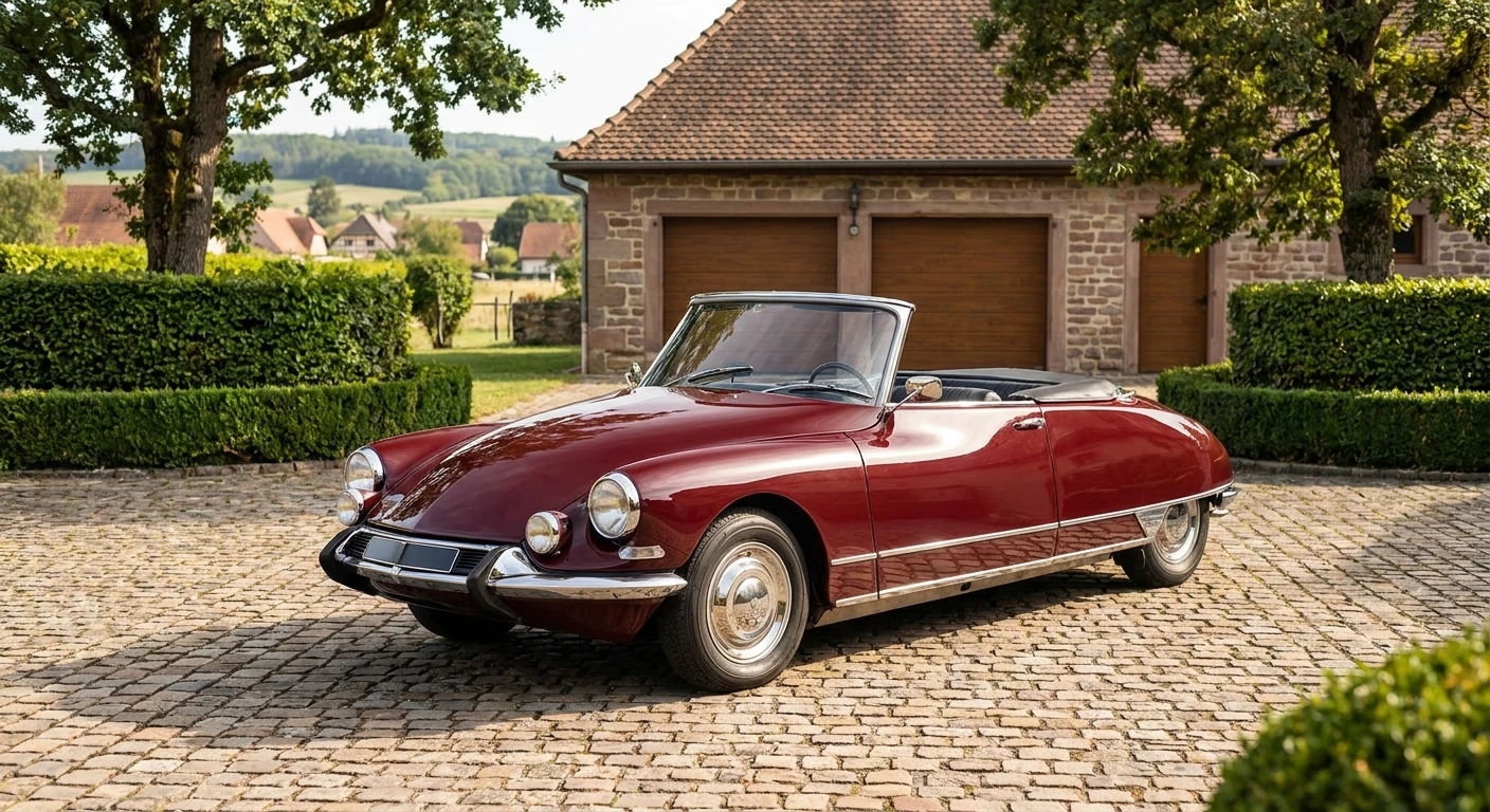 Photographie professionnelle d'un véhicule de collection classique ou vintage en excellent état, photographié en extérieur sous lumière naturelle. Le véhicule doit être le sujet central de l'image, présenté de trois-quarts avant ou de profil, mettant en valeur ses lignes intemporelles et sa carrosserie brillante récemment restaurée. L'arrière-plan doit être discret mais naturel, suggérant un contexte professionnel d'atelier ou d'extérieur maîtrisé. La photo doit transmettre l'excellence du travail de restauration et l'engagement envers la préservation de véhicules de caractère.