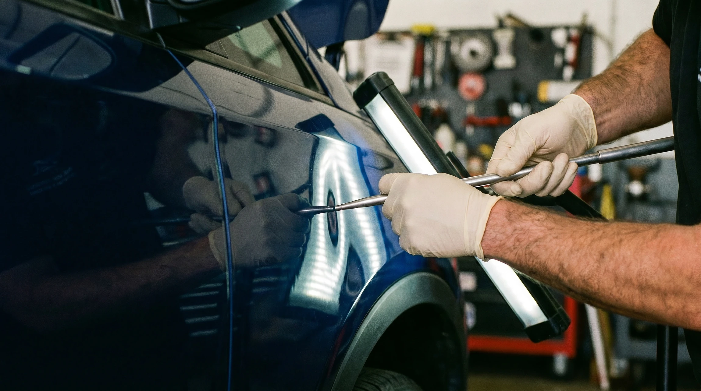 Gros plan d'un carrossier professionnel effectuant un débosselage sur la carrosserie d'un véhicule automobile. Le carrossier, vu de profil ou en trois-quarts, manipule un outil de débosselage spécialisé (maillet ou ventouse hydraulique) sur une zone bombée du véhicule. La carrosserie du véhicule (couleur unie et brillante) occupe la majeure partie du cadre, montrant clairement la zone de travail avant/après débosselage. L'atelier professionnel est visible en arrière-plan avec un éclairage naturel ou professionnel. L'image transmet la maîtrise technique, la précision et le savoir-faire du débosselage sans peinture.